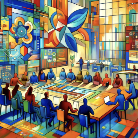 Illustration of researchers and industry partners collaborating around electric vehicle technology