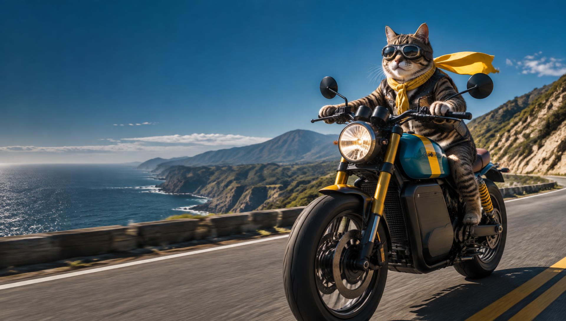 A cat wearing aviator goggles riding an electric motorcycle on a coastal road